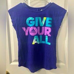 Adidas Girls Athletic Graphic Purple Blue Short Sleeve Tee Size S (7/8)